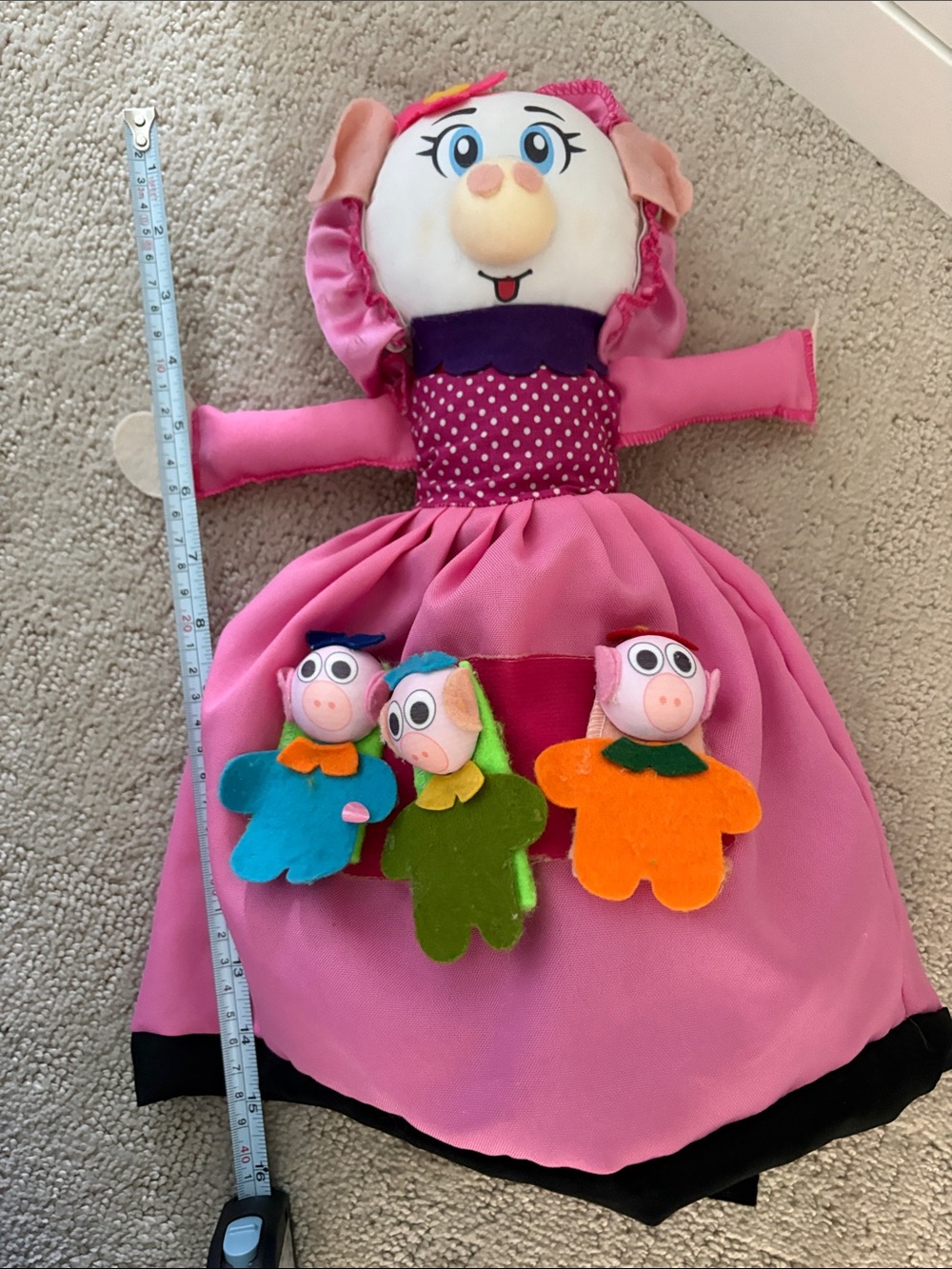 Pink Mama Pig with Three Colorful Felt Piglets - Reversible Wolf